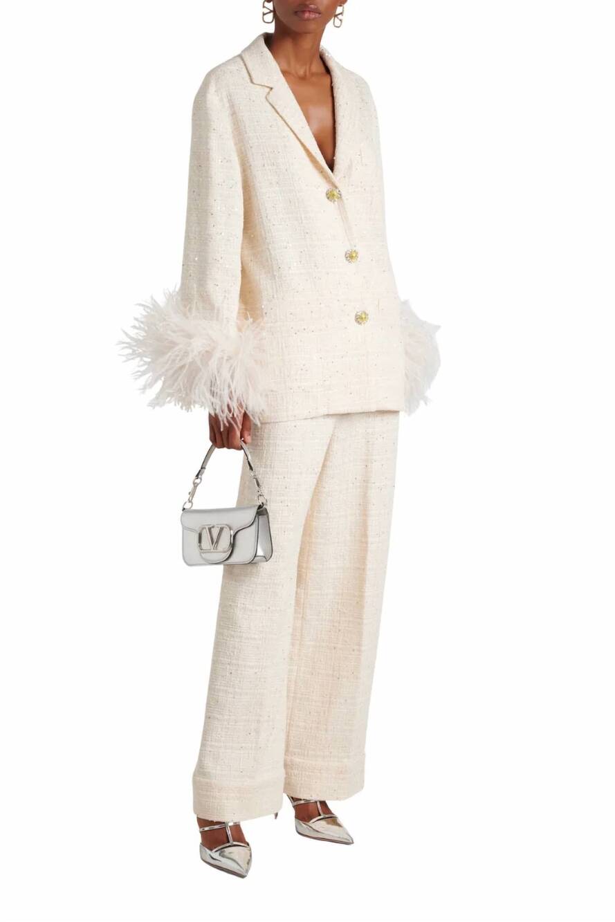 NEW VALENTINO GARAVANI sequined tweed wide leg pants in natural